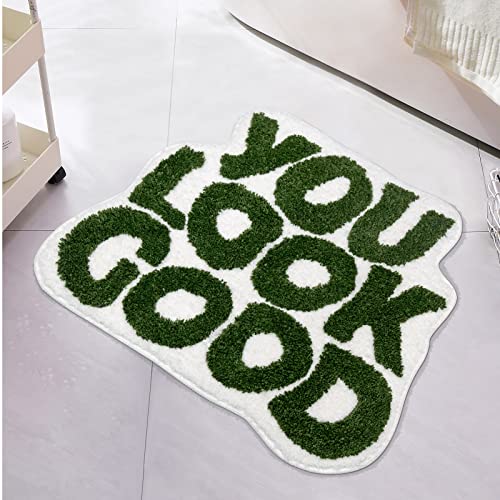 UNIBATH You Look Good Bath Mat Green Bathroom Rugs Funny Cute Bathroom Decor Preppy Small Cool Rug Non Slip Microfiber Washable Absorbent Shower Rug 25x21