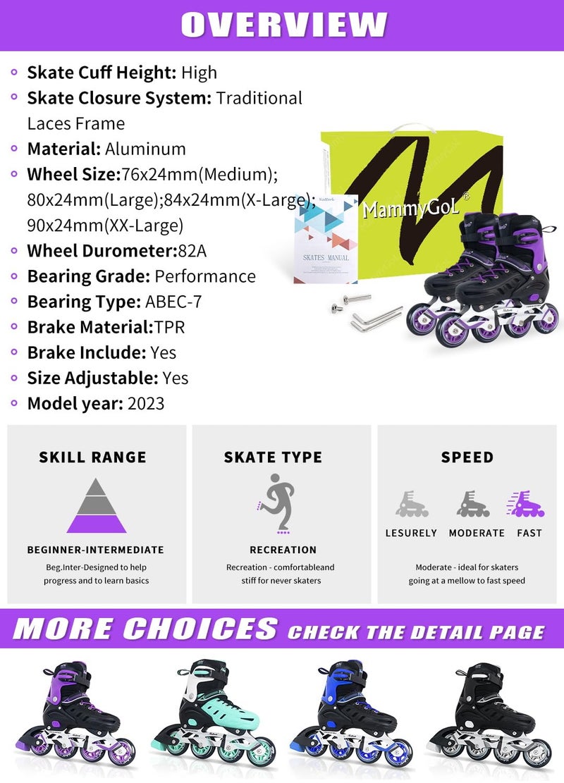 MammyGol Inline Skates for Adults Men Women, Adjustable Aggressive Durable Roller Blades with Giant Wheels, High Performance Skates for Male Female Purple Size 6 7 8 9 - Image 3