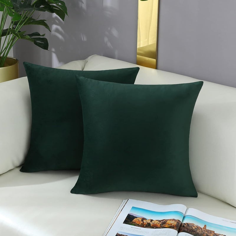 mixeoo Comfy Dark Green Throw Pillow Covers Christmas Decorative Square Solid Thick Velvet Super Soft Cushion Cases Home Decor for Sofa Couch, Set of 2, 18 x 18 Inch - Image 2