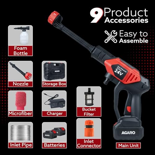 AGARO Marvel Cordless High Pressure Washer Gun, Premium Build Car Washer, 24V Rechargeable Battery (2 x 1500mAh), 110–240V, 10 Bar, Car, Bike & Home Cleaning, 6-in-1 Adjustable Nozzle, 5M Hose Pipe - Image 2