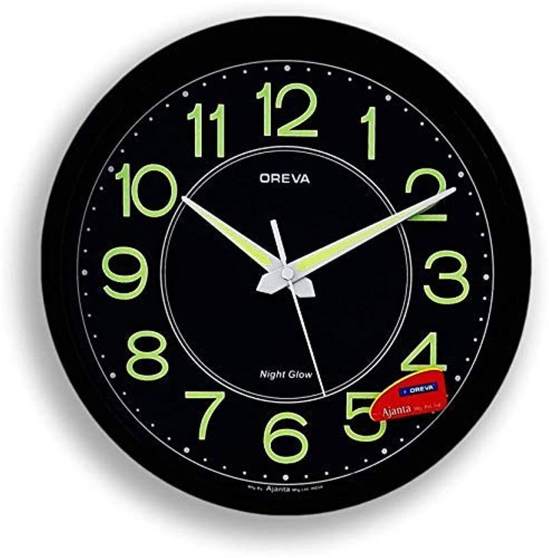 Oreva Night Glow Round Plastic Analog Wall Clock (30.6 cm x 4.25 cm x 30.6 cm, Black, AQ-1837) - Image 1