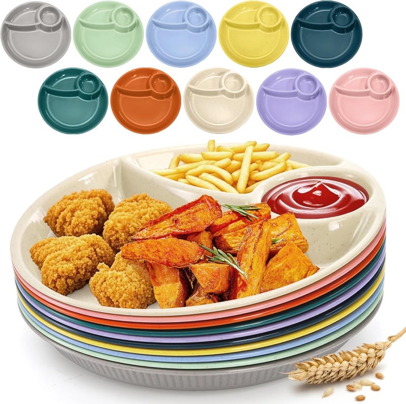 ZAVOOS 10 Pack Chip Dip Serving Platter 10 Inch Plastic Divided Dumpling Plate with Dipping Saucer 3 Compartments Reusable Snack Serving Dish for Sushi Veggies Party Appetizer - Image 1