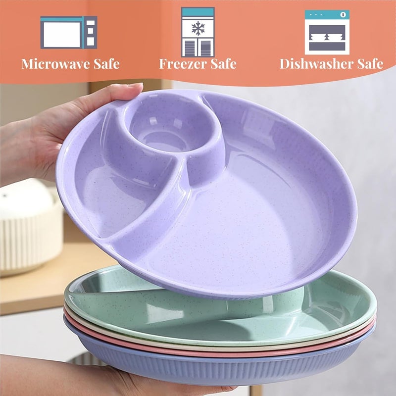 ZAVOOS 10 Pack Chip Dip Serving Platter 10 Inch Plastic Divided Dumpling Plate with Dipping Saucer 3 Compartments Reusable Snack Serving Dish for Sushi Veggies Party Appetizer - Image 5