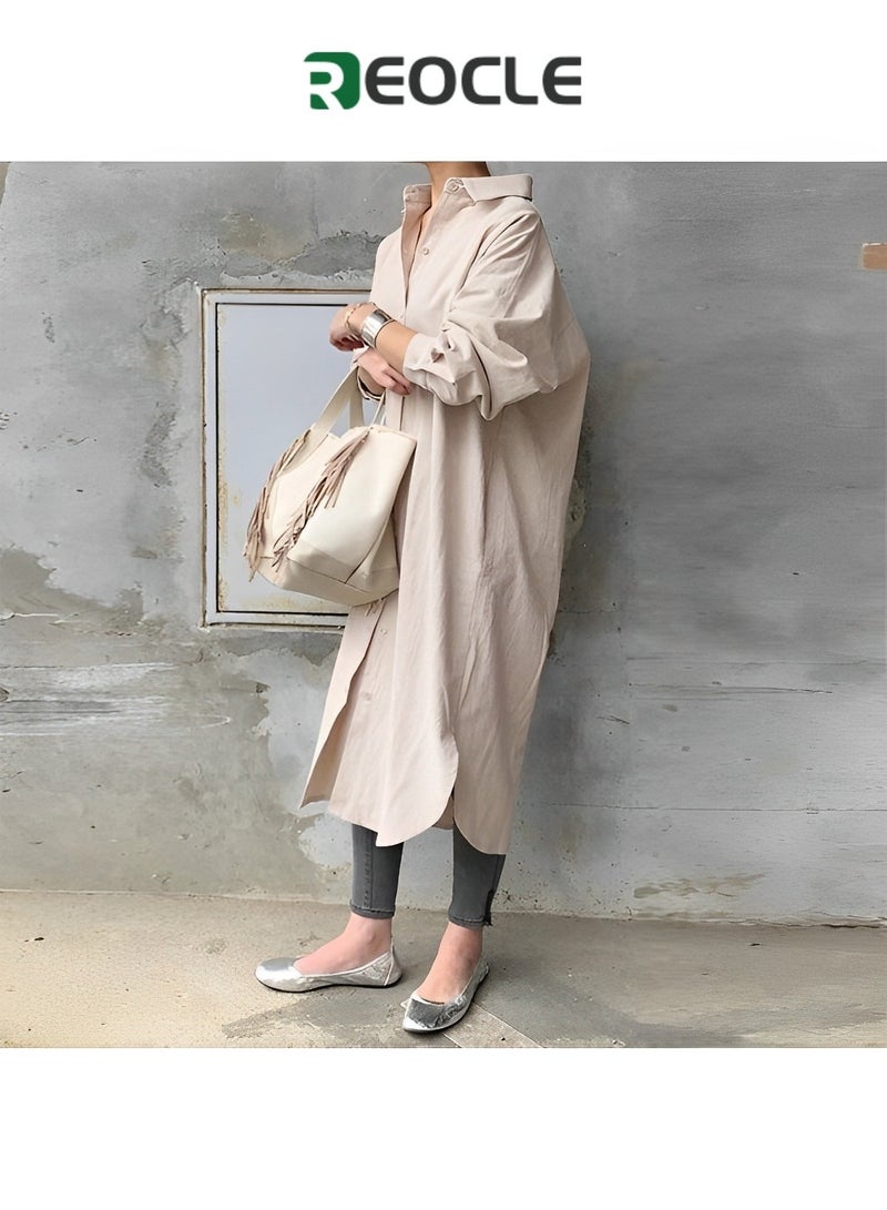 ريوكل قميص نسائي طويل الأكمام من القطن والكتان، ستايل كاجوال فضفاض، قميص طويل مستقيم - Image 1