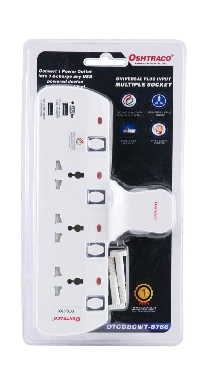 Oshtraco 3-Socket Universal Plug Input Extension Lead with Dual USB Ports