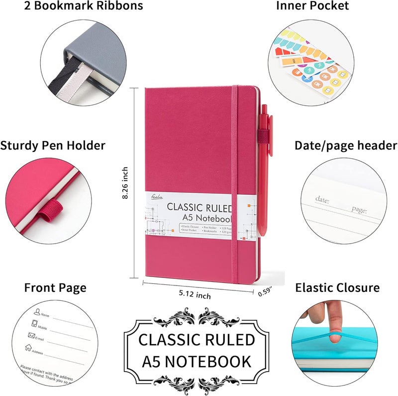 Feela Hardcover Notebook For Work, Classic Ruled Lined Journal Set School Business Supplies, with 3 Black Pens, 120 GSM, 5.1”x8.3”, 3 Pack, A5, Solid Colors, Gray, Berry, Emerald - Image 2