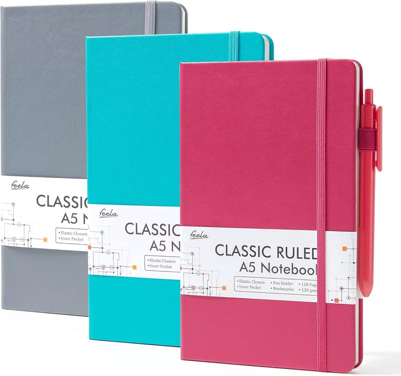 Feela Hardcover Notebook For Work, Classic Ruled Lined Journal Set School Business Supplies, with 3 Black Pens, 120 GSM, 5.1”x8.3”, 3 Pack, A5, Solid Colors, Gray, Berry, Emerald - Image 1