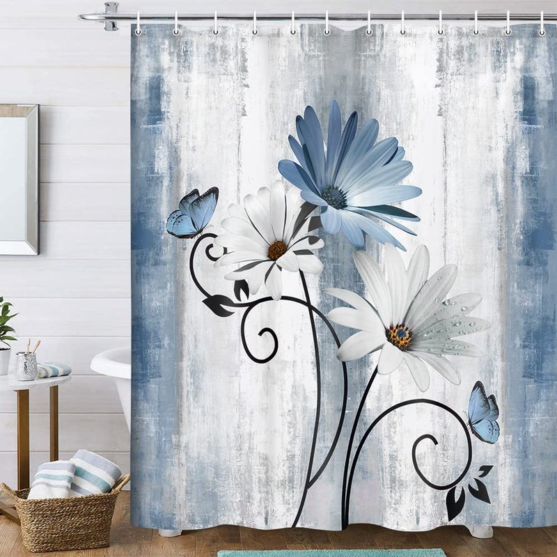 VeiVian Rustic Farmhouse Shower Curtain Farm Blue Daisy Floral Flowers and Butterfly on Country Wooden Shower Curtain for Bathroom with 12PCS Hooks 70X70IN Turquoise Blue