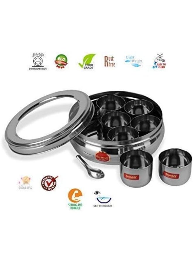Sumeet Sumeet Stainless Steel Belly Shape Masala Spice Container Box – 7 Removable Cups with See-Through Lid & Utility Spoon, Rust-Proof, Hygienic, Easy to Clean  - Image 4