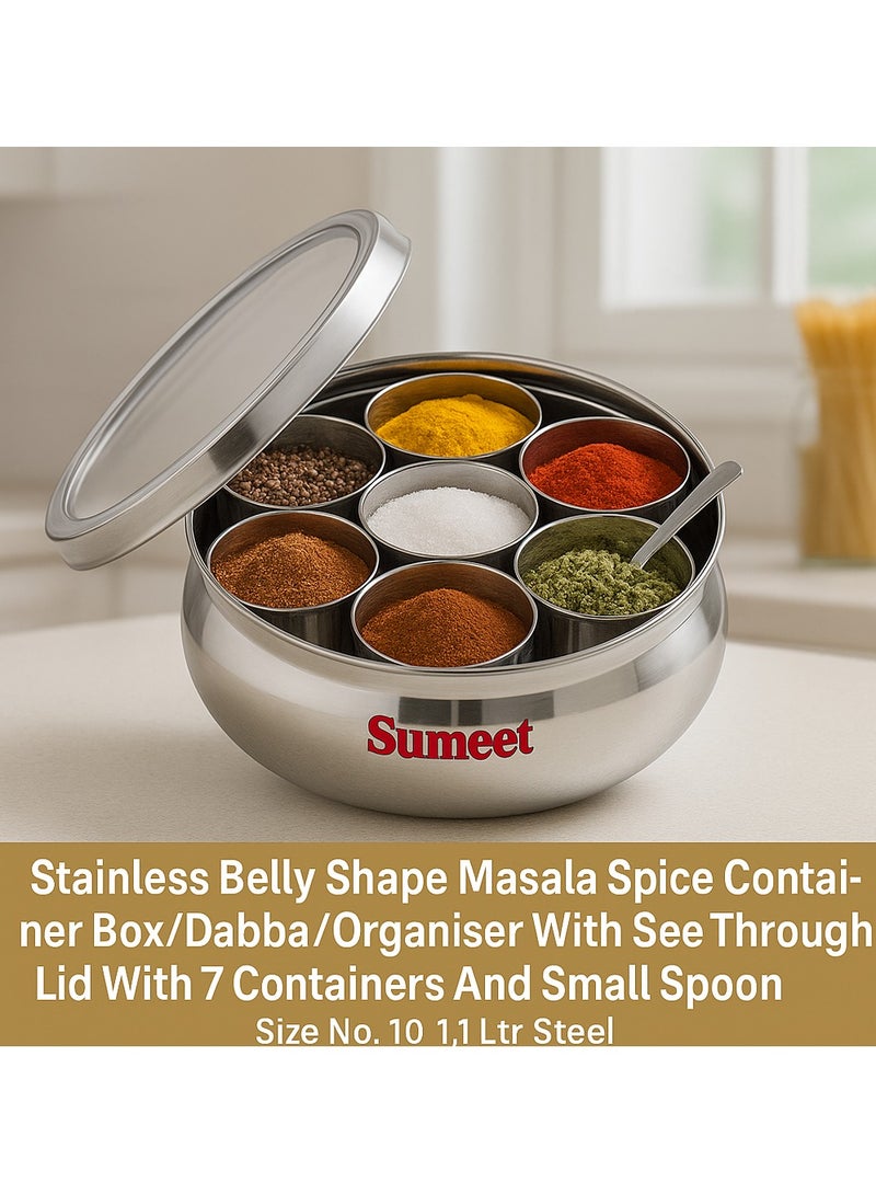 Sumeet Sumeet Stainless Steel Belly Shape Masala Spice Container Box – 7 Removable Cups with See-Through Lid & Utility Spoon, Rust-Proof, Hygienic, Easy to Clean  - Image 3
