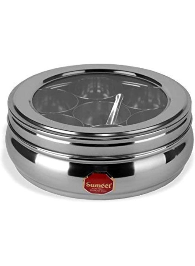 Sumeet Sumeet Stainless Steel Belly Shape Masala Spice Container Box – 7 Removable Cups with See-Through Lid & Utility Spoon, Rust-Proof, Hygienic, Easy to Clean  - Image 1
