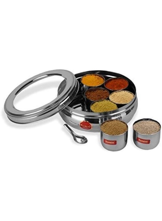 Sumeet Sumeet Stainless Steel Belly Shape Masala Spice Container Box – 7 Removable Cups with See-Through Lid & Utility Spoon, Rust-Proof, Hygienic, Easy to Clean  - Image 2