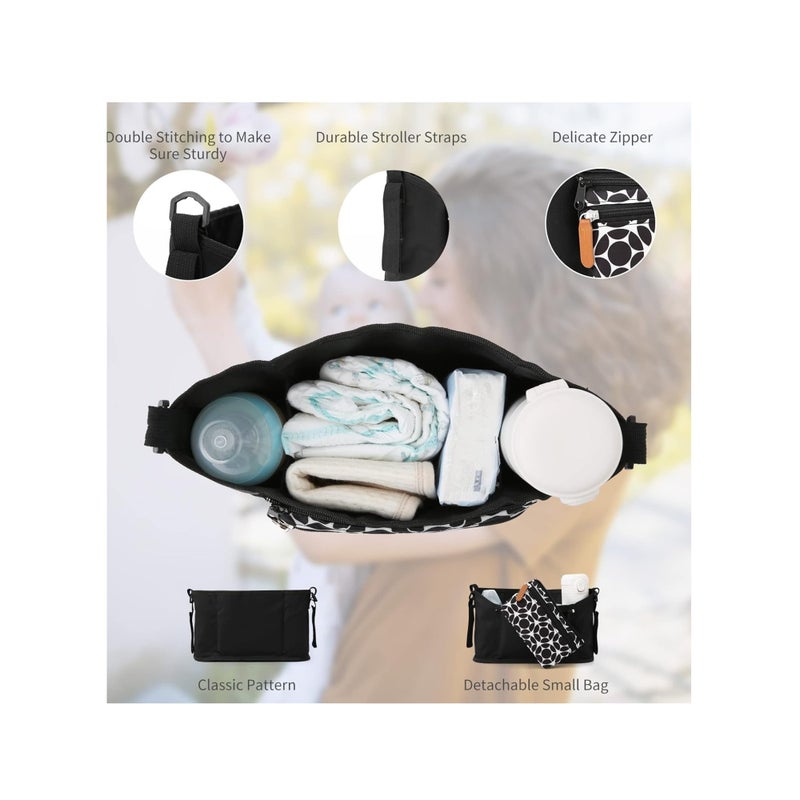 Barakah منظم عربة أطفال عالمي، حقيبة حفاضات، حقيبة عربة أطفال، منظم، لملحقات العربة، مع جيوب متعددة، خطافات عربة غير قابلة للانزلاق وحزام قابل للتعديل، دائرة سوداء - Image 3