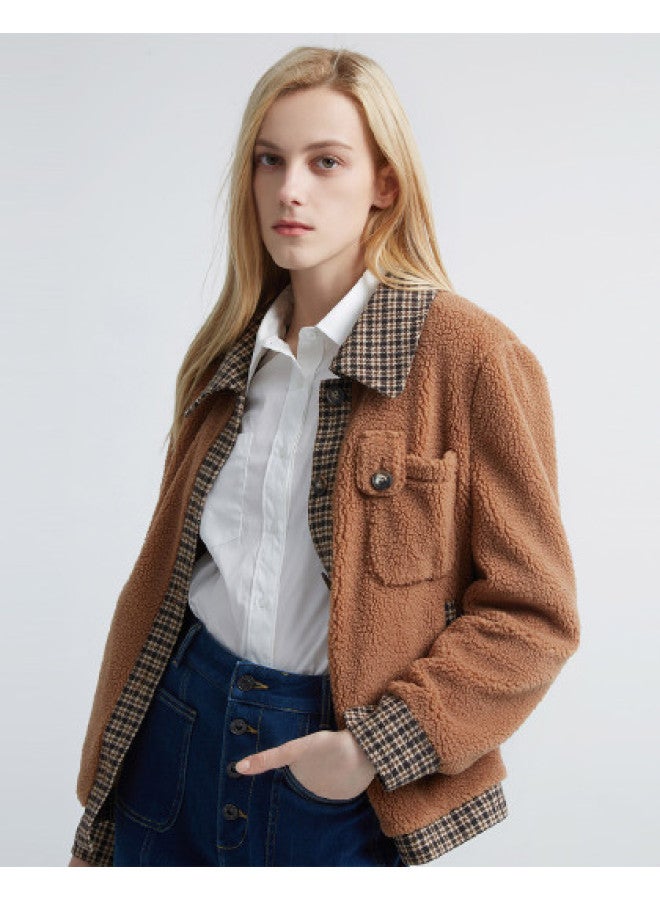 Hush Puppies Retro Style Short Jacket, Simple And Warm, Patchwork Plaid Lapel Women's Jacket - Image 1
