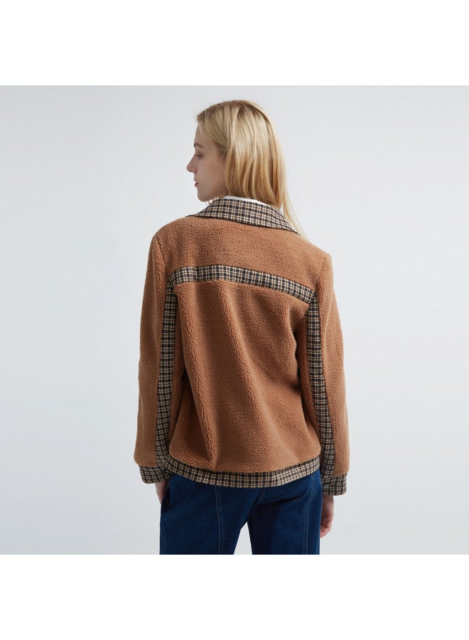 Hush Puppies Retro Style Short Jacket, Simple And Warm, Patchwork Plaid Lapel Women's Jacket - Image 5