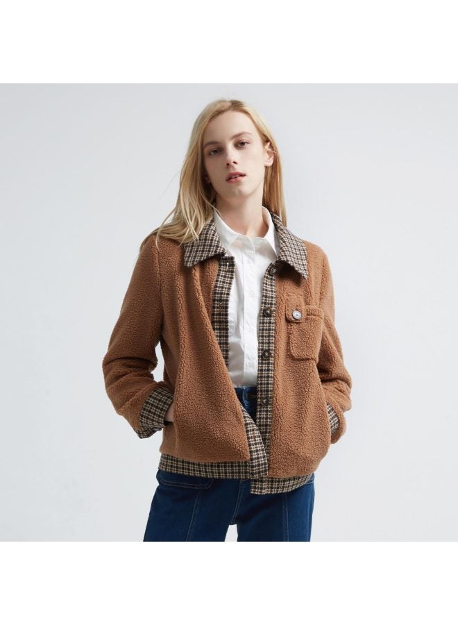 Hush Puppies Retro Style Short Jacket, Simple And Warm, Patchwork Plaid Lapel Women's Jacket - Image 3