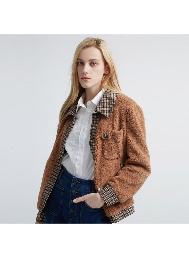Hush Puppies Retro Style Short Jacket, Simple And Warm, Patchwork Plaid Lapel Women's Jacket - Image 2