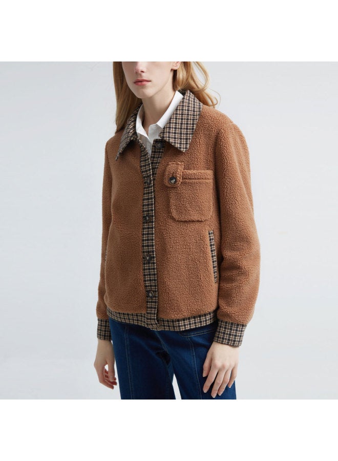Hush Puppies Retro Style Short Jacket, Simple And Warm, Patchwork Plaid Lapel Women's Jacket - Image 4