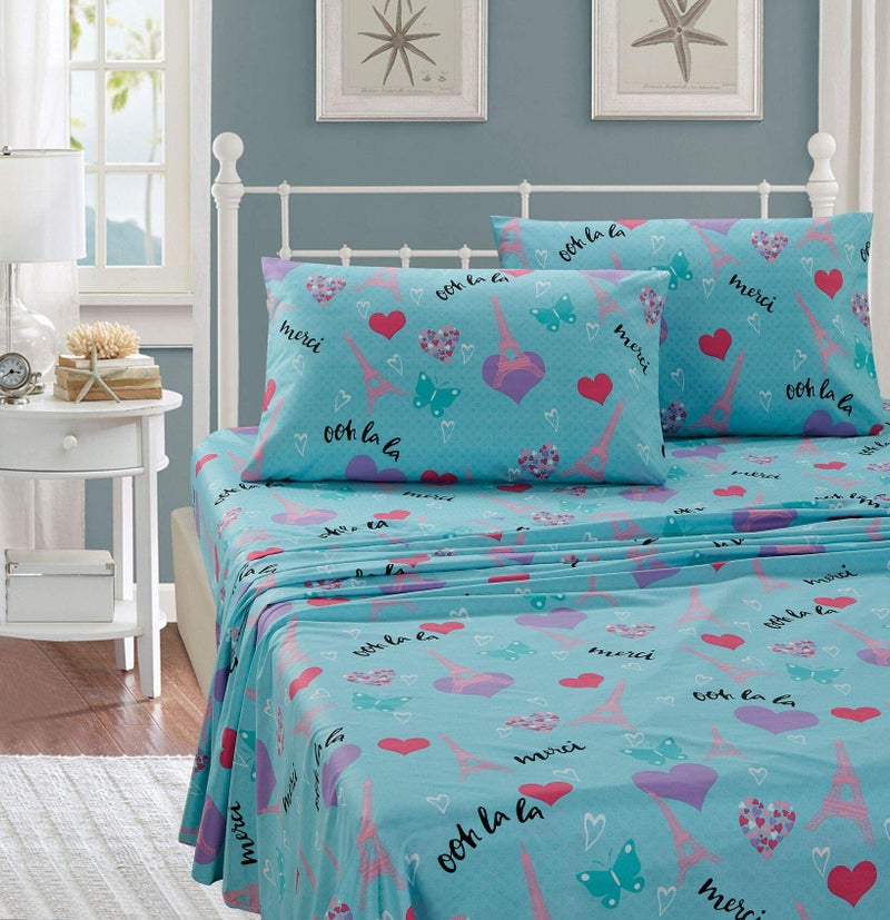 Kids Zone Home Linen Sheet Set Aqua Paris For GirlsTeens Paris Eiffel Tower Hearts Butterflies New  Aqua Paris Twin 