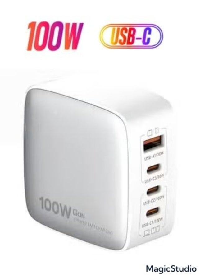 REBENUO 100W GaN Charger with USB Port, 3 Type-C Ports, PD, and QC 3.0 Fast Wall Power Delivery Adapter for Laptops, White - Image 1