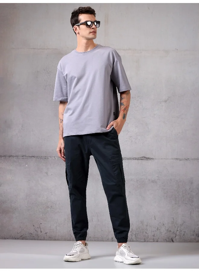 بيونغ بنطلون كارجو رجالي بقصة عادية بلون أزرق داكن سادة