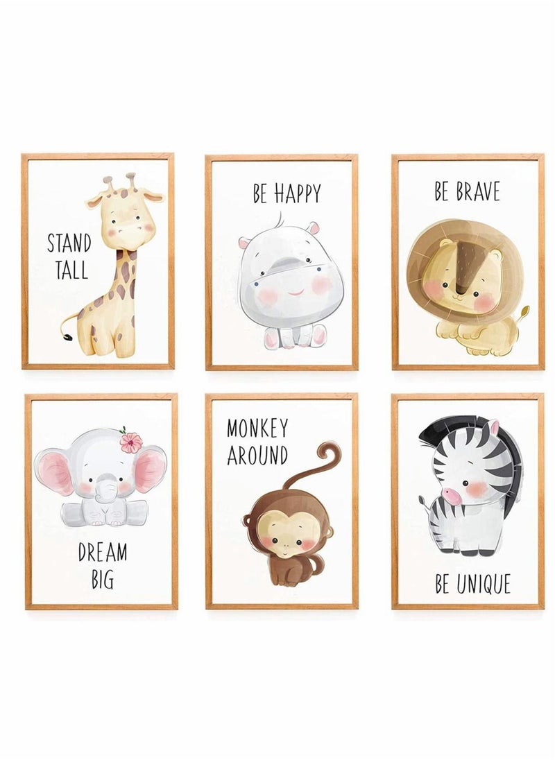 Excefore Baby Jungle Theme Nursery Decor Pictures, 6 Pack Cartoon Safari Animals Wall Art with Inspirational Quote for Baby Boys Girls Kids Bedroom Living Room Bathroom-Unframed  - Image 1