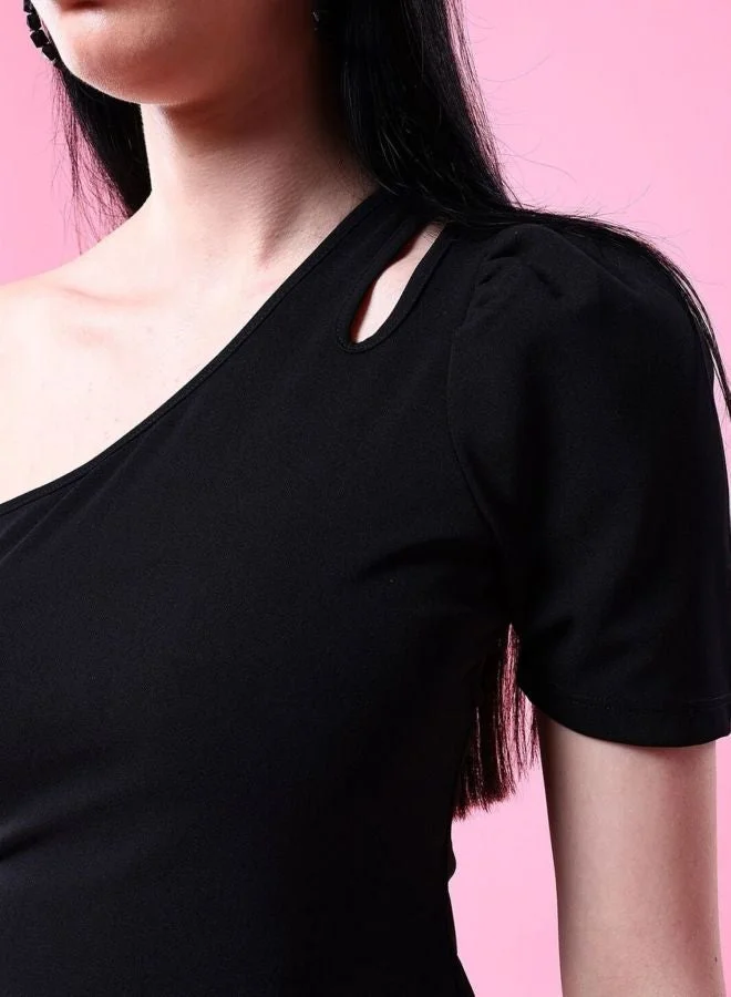 Freehand  Women Regular Fit Solid Asymmetric Neck Short Sleeve One Shoulder Top  | Best Price UAE