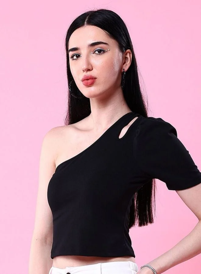 Women Regular Fit Solid Asymmetric Neck Short Sleeve One Shoulder Top