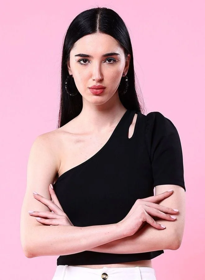Freehand  Women Regular Fit Solid Asymmetric Neck Short Sleeve One Shoulder Top  | Best Price UAE