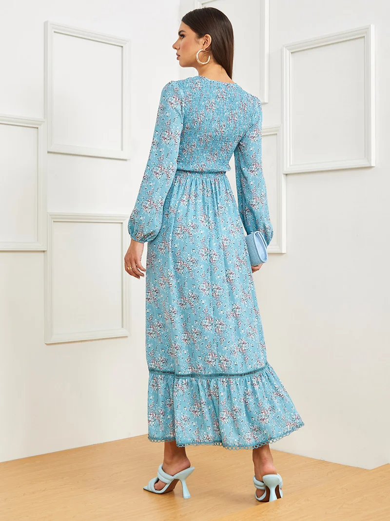 Styli Long Cuffed Sleeves Floral Print Shirred Detail A-Line Maxi Dress