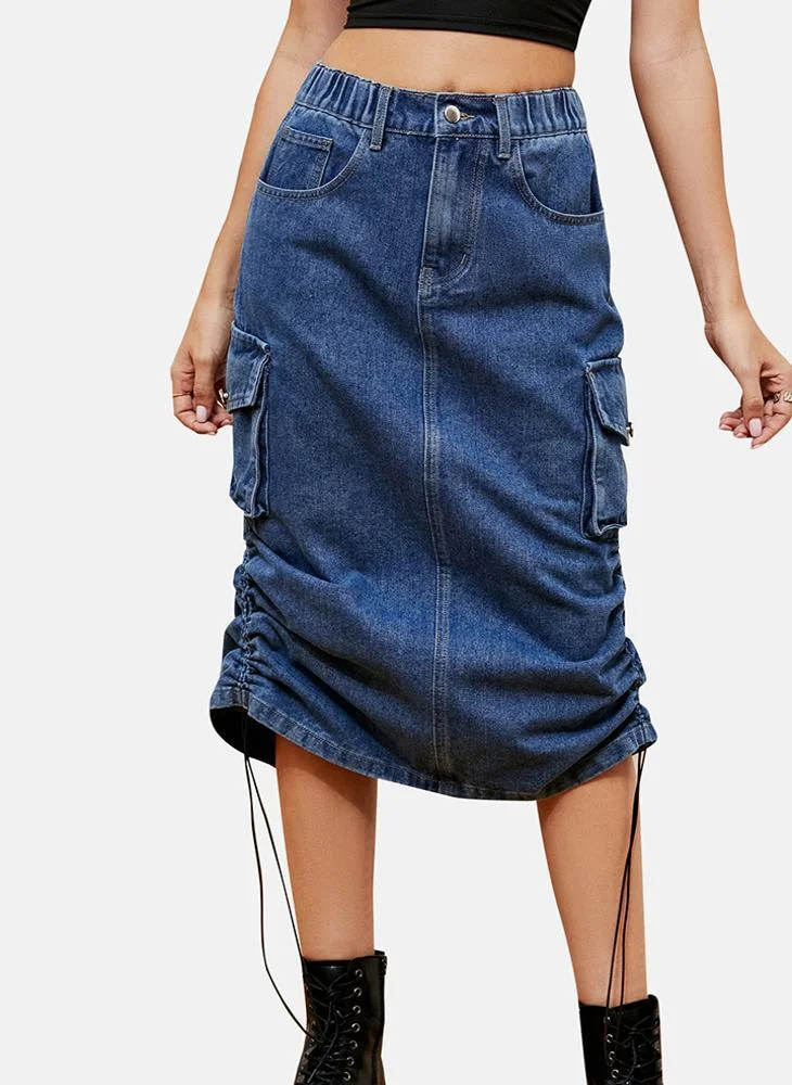 YUNIQEE Blue Mid Rise Plain Midi Skirt