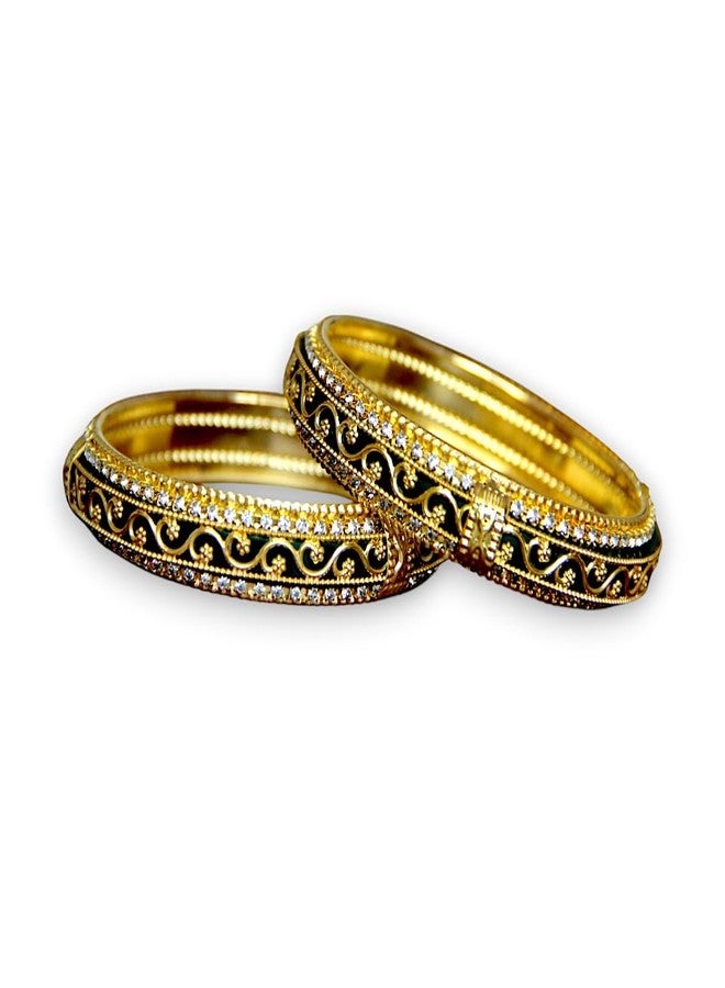 ACCESSHER Gold Plated Green Enamel Bangle Style Brass Kada For Women | Traditional Rajwadi Bangles with White Stones | Stylish Bangles Set for Girls and Women (2.8) - Image 1