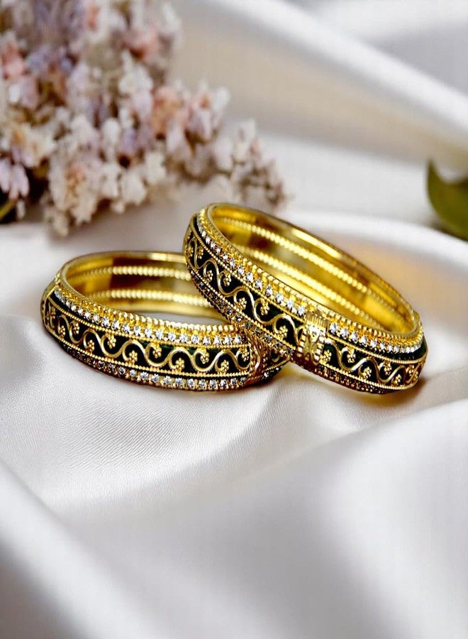 ACCESSHER Gold Plated Green Enamel Bangle Style Brass Kada For Women | Traditional Rajwadi Bangles with White Stones | Stylish Bangles Set for Girls and Women (2.8) - Image 3