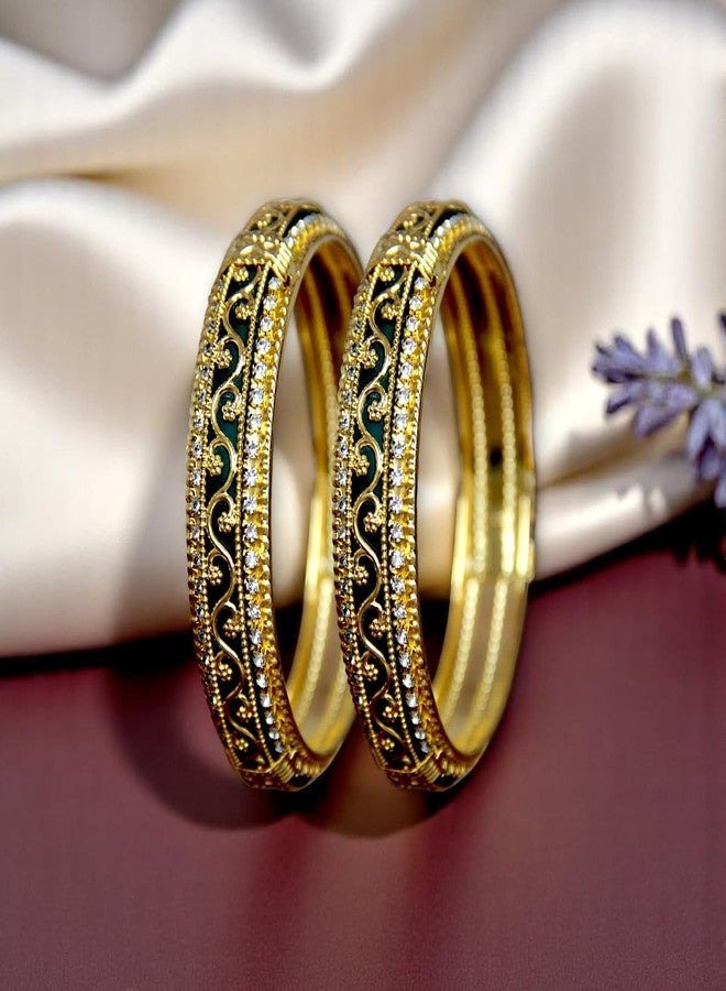ACCESSHER Gold Plated Green Enamel Bangle Style Brass Kada For Women | Traditional Rajwadi Bangles with White Stones | Stylish Bangles Set for Girls and Women (2.8) - Image 4