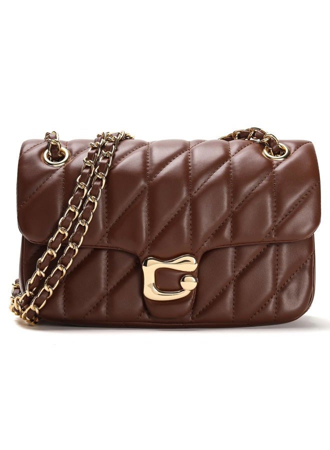 Pelimoo Quilted Crossbody Purse for Women Trendy - Ladies Shoulder Bag Leather Handbag Designer Evening Clutch with Chain Strap, Coffee, Medium - Image 1