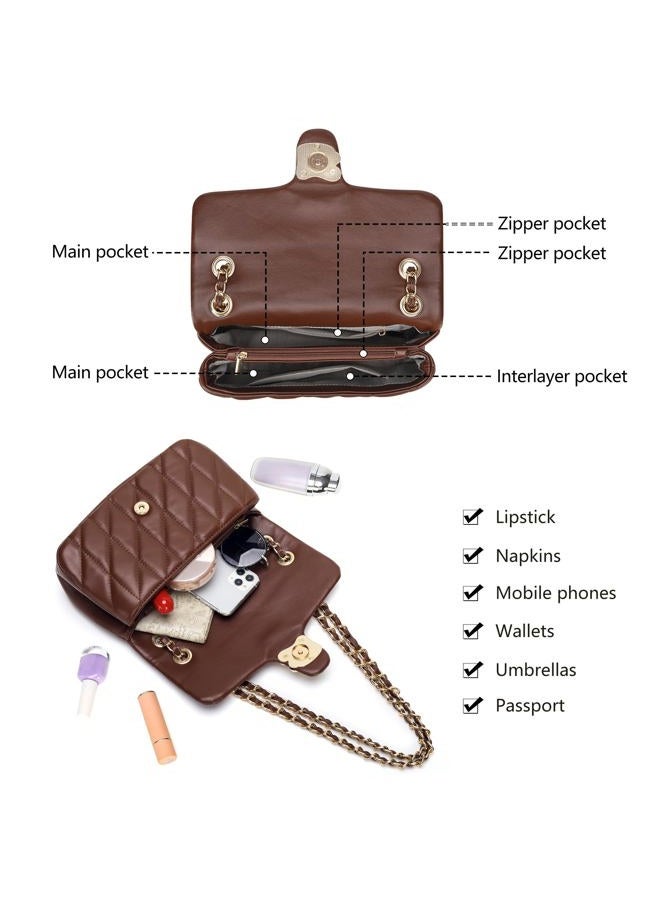 Pelimoo Quilted Crossbody Purse for Women Trendy - Ladies Shoulder Bag Leather Handbag Designer Evening Clutch with Chain Strap, Coffee, Medium - Image 5