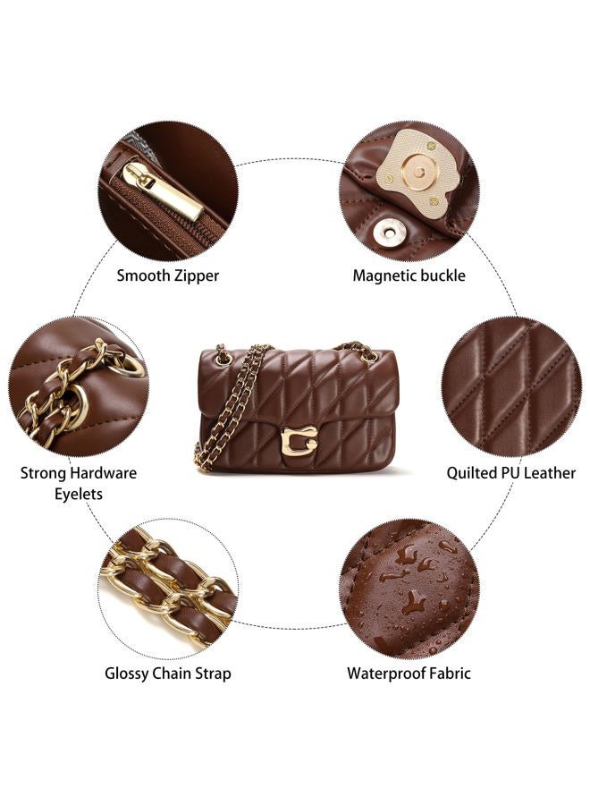 Pelimoo Quilted Crossbody Purse for Women Trendy - Ladies Shoulder Bag Leather Handbag Designer Evening Clutch with Chain Strap, Coffee, Medium - Image 4