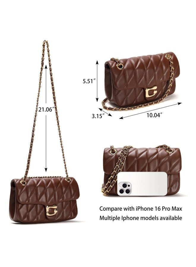 Pelimoo Quilted Crossbody Purse for Women Trendy - Ladies Shoulder Bag Leather Handbag Designer Evening Clutch with Chain Strap, Coffee, Medium - Image 3