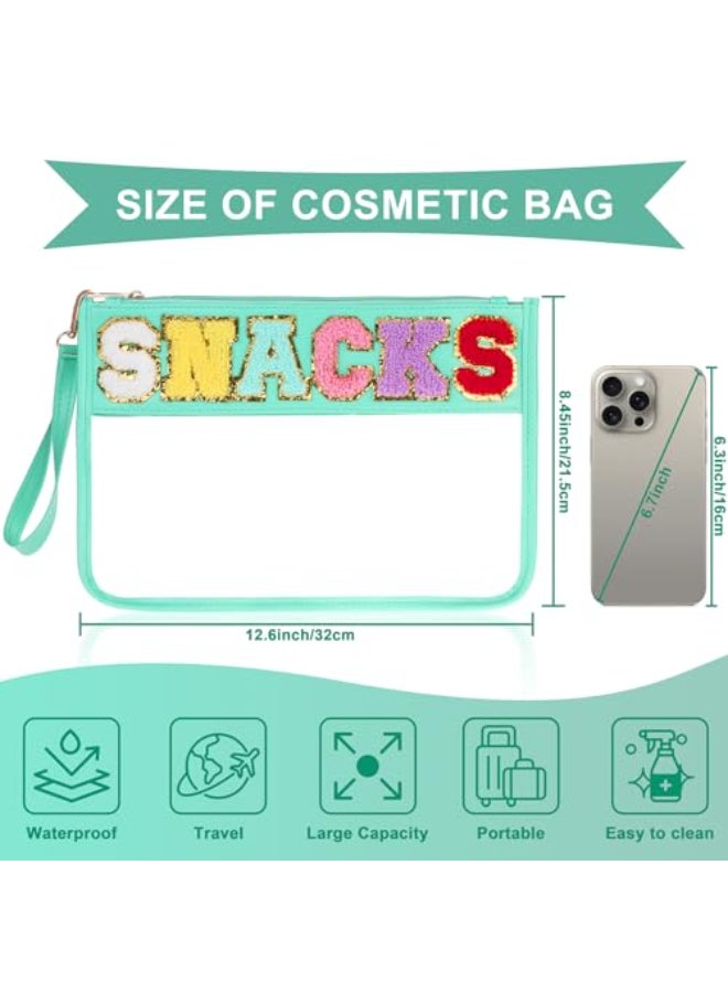 TESAFNG Snack Bag for Travel Clear Chenille Varsity Letter Flat Pouch with Zipper Waterproof Clear PVCPU Preppy Patch Makeup Cosmetic tote Bags for Women GreenSnacks - Image 3