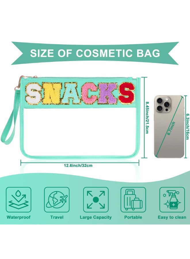 TESAFNG Snack Bag for Travel Clear Chenille Varsity Letter Flat Pouch with Zipper Waterproof Clear PVCPU Preppy Patch Makeup Cosmetic tote Bags for Women GreenSnacks - Image 4