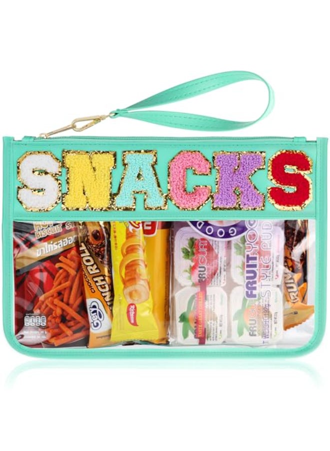 TESAFNG Snack Bag for Travel Clear Chenille Varsity Letter Flat Pouch with Zipper Waterproof Clear PVCPU Preppy Patch Makeup Cosmetic tote Bags for Women GreenSnacks - Image 1