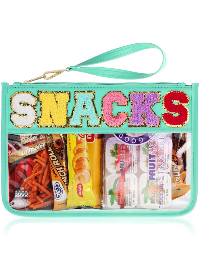 TESAFNG Snack Bag for Travel Clear Chenille Varsity Letter Flat Pouch with Zipper Waterproof Clear PVCPU Preppy Patch Makeup Cosmetic tote Bags for Women GreenSnacks - Image 2