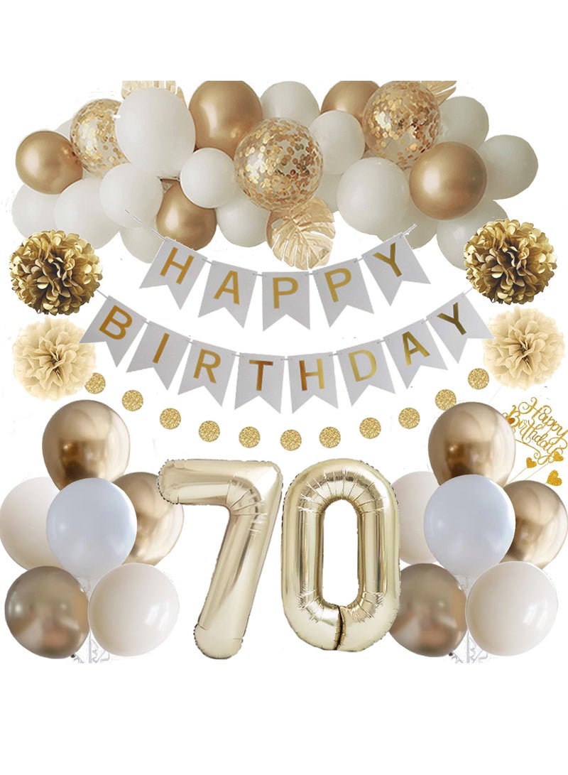 70th Birthday Decoration, Gold Birthday Party Decorations,Birthday Decoration 70 Girl Boy, Happy Birthday Banner, Cake Topper, Pompoms for Men, Women Gold White Birthday Decorations Supplies Balloons - Image 1