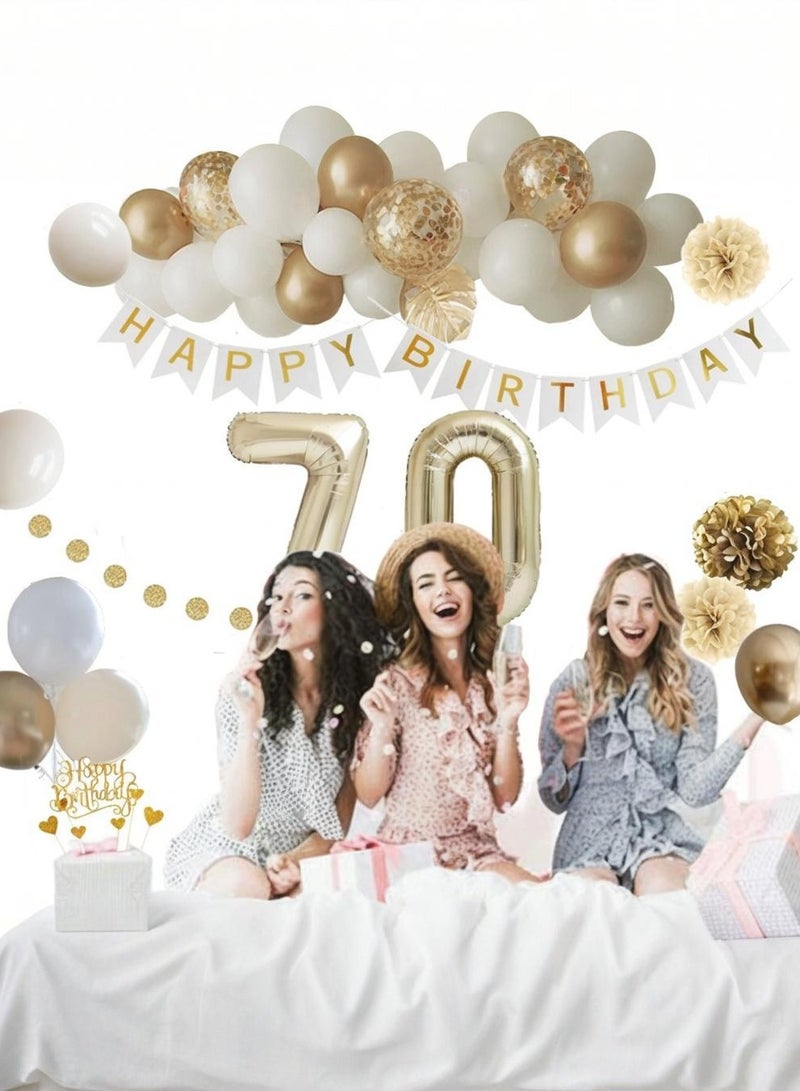 70th Birthday Decoration, Gold Birthday Party Decorations,Birthday Decoration 70 Girl Boy, Happy Birthday Banner, Cake Topper, Pompoms for Men, Women Gold White Birthday Decorations Supplies Balloons - Image 3