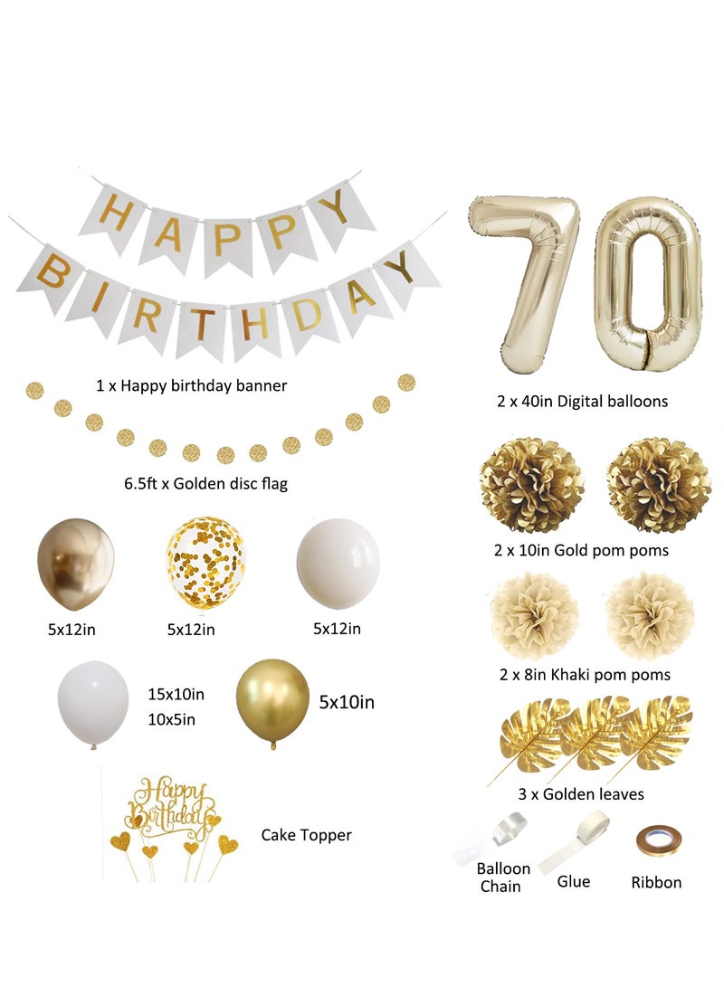 70th Birthday Decoration, Gold Birthday Party Decorations,Birthday Decoration 70 Girl Boy, Happy Birthday Banner, Cake Topper, Pompoms for Men, Women Gold White Birthday Decorations Supplies Balloons - Image 2