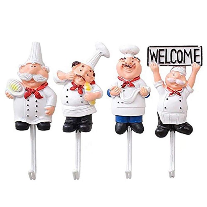 4 PCS Cute French Chef Design Adhesive Wall Hooks Heavy Duty Cook Wall Mount Rack Hook Hanger Kitchen Home Decoration