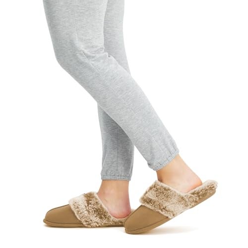 Jessica Simpson Comfy Faux Fur Womens House Slipper Scuff Memory Foam Slip On Anti-Skid Sole (Size Extra Large, Tan) - Image 2