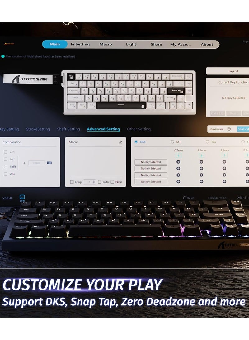 هجوم القرش لوحة مفاتيح الألعاب الميكانيكية السريعة X68 HE مع تريجر قابل للتعديل بنسبة 60% سلكية TKL، مفتاح مغناطيسي بتأثير هول، معدل تحديث 8KHz، إضاءة خلفية RGB، تركيب علوي، مفاتيح مطبوعة من الجانبين (أسود) - Image 4