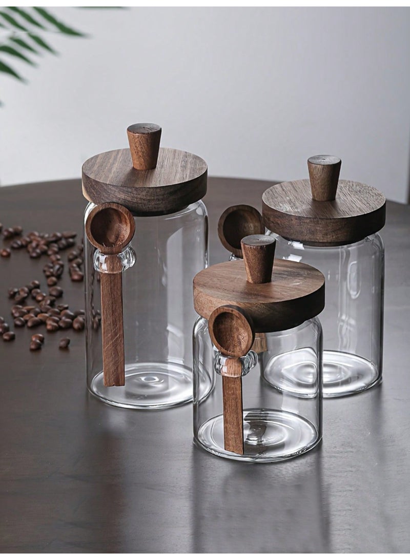 MAIDI 3pcs/set Glass coffee bottle with spoon, airtight food storage container for sugar, biscuits, tea, snacks, spices, salt, and pepper - Image 1