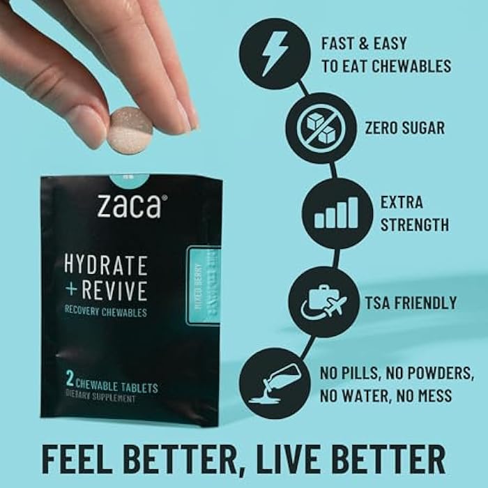 Zaca Recovery Chewable Supplement | Hydrate + Revive | Party, Travel, Exercise & Altitude | Sugar Free & Gluten Free | Mixed Berry, 6 Packets = 12 Tablets - Image 2